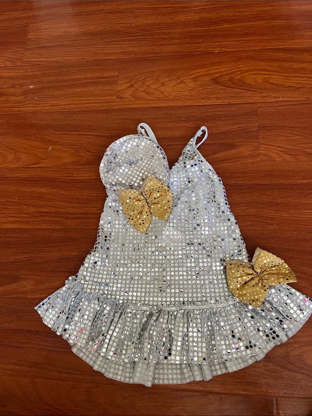 Silver Sequin Kids Dance Costume Dress with Gold Bow Accents